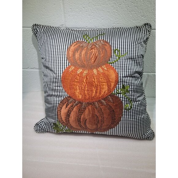 Mackenzie Childs Stacked Pumpkin Pillow Fall Decor Gingham Check Applique 19x19 - Picture 1 of 7